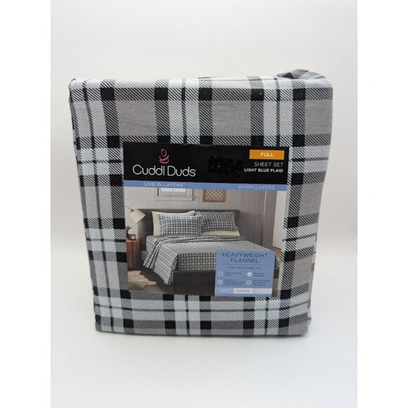 Cuddl Duds Full Sheet Set Heavyweight Flannel Blue Plaid Lodge Farmhouse NEW - Picture 2 of 6